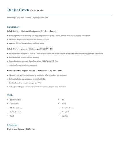 Fabric Worker Resume