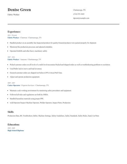 Fabric Worker Resume