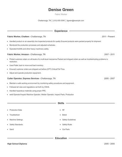 Fabric Worker Resume