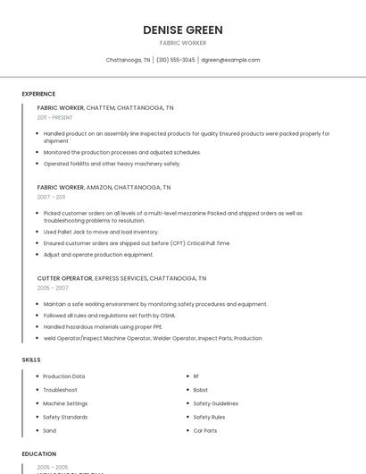 Fabric Worker Resume