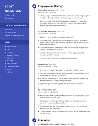 Fabrication Manager Resume