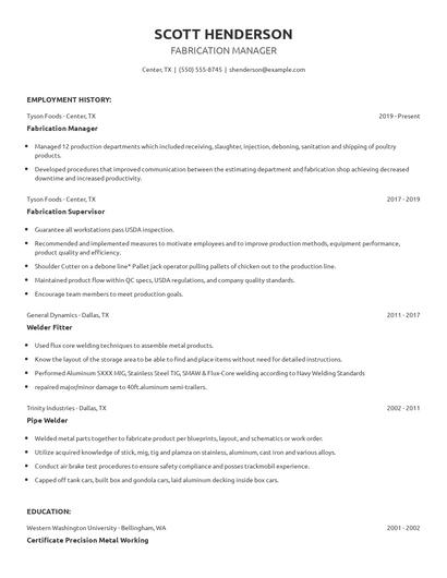Fabrication Manager Resume