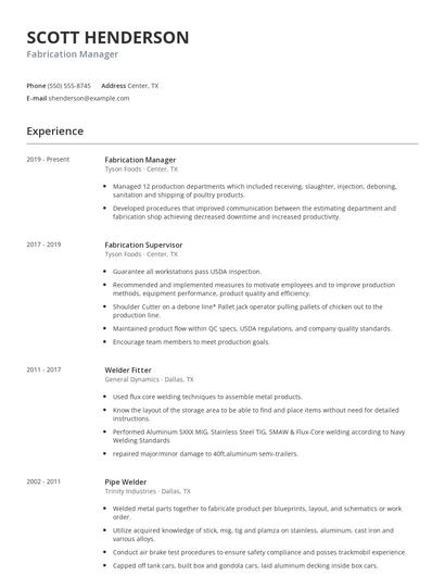 Fabrication Manager Resume