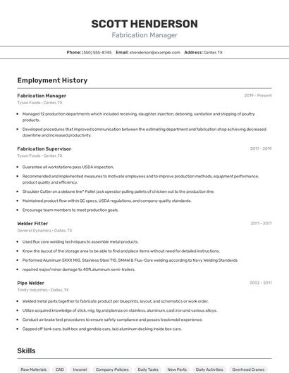 Fabrication Manager Resume