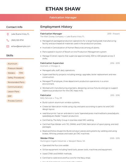 Fabrication Manager Resume