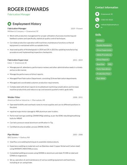 Fabrication Manager Resume