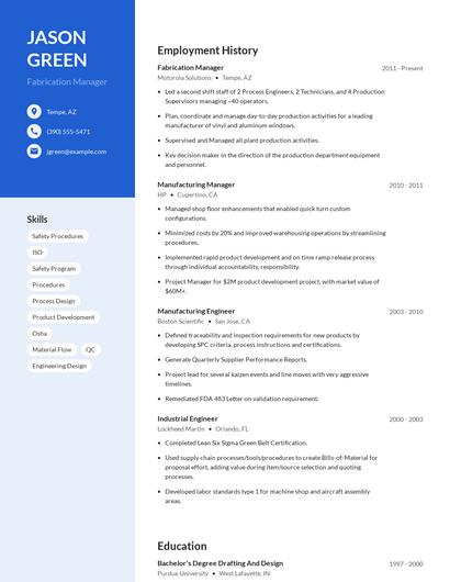 Fabrication Manager Resume