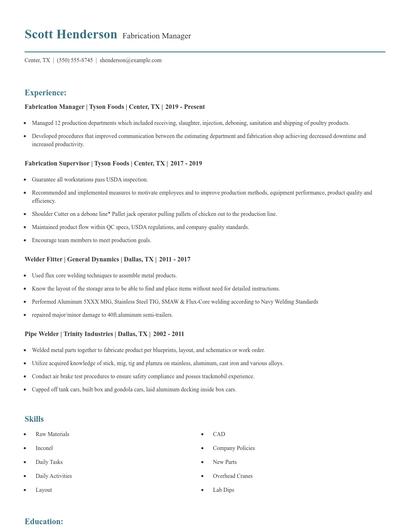 Fabrication Manager Resume