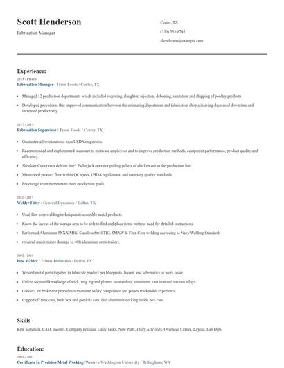 Fabrication Manager Resume