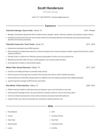 Fabrication Manager Resume