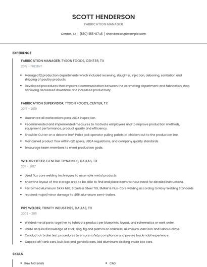 Fabrication Manager Resume