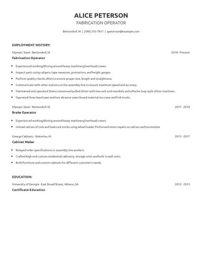 Fabrication Operator Resume
