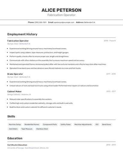 Fabrication Operator Resume