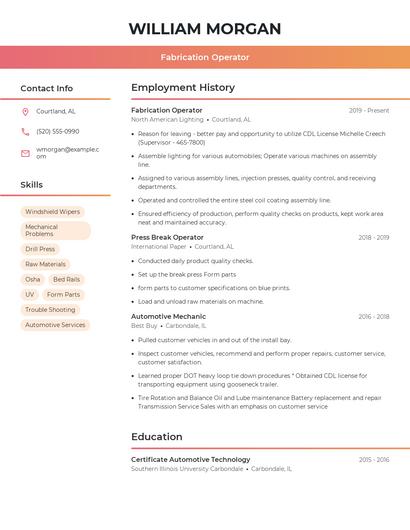 Fabrication Operator Resume