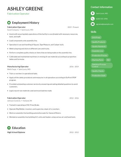 Fabrication Operator Resume