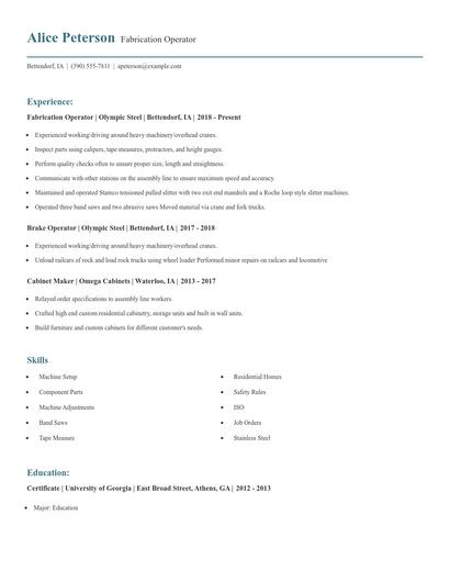 Fabrication Operator Resume