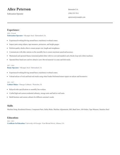 Fabrication Operator Resume