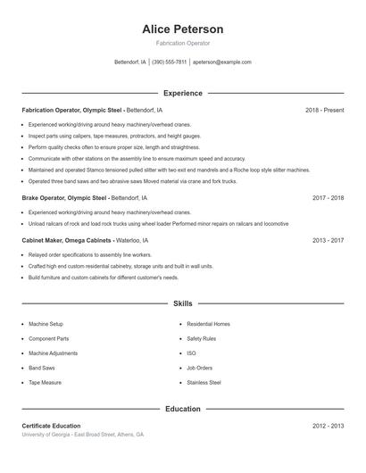 Fabrication Operator Resume