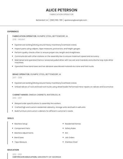 Fabrication Operator Resume