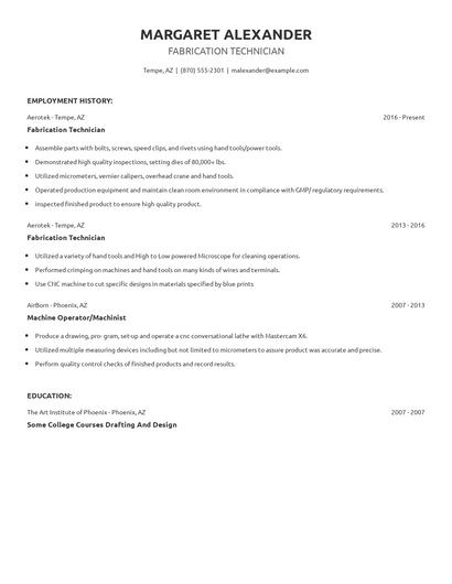 Fabrication Technician Resume