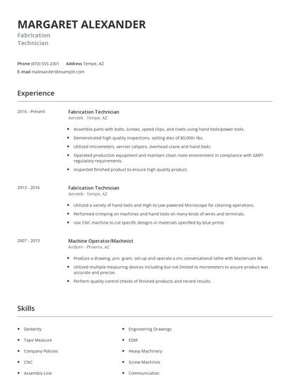 Fabrication Technician Resume