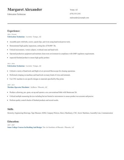 Fabrication Technician Resume
