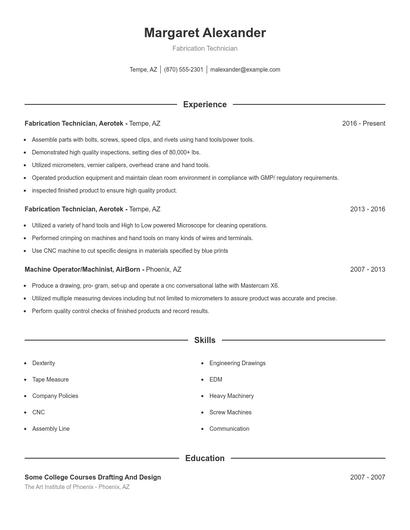 Fabrication Technician Resume