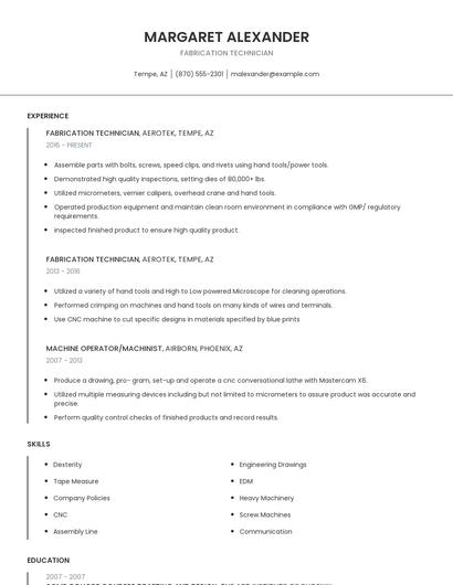 Fabrication Technician Resume
