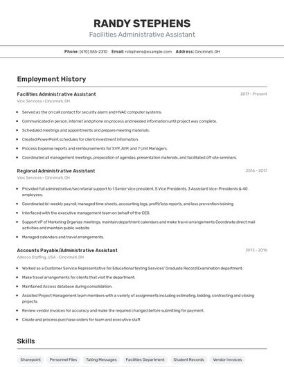 Facilities Administrative Assistant Resume