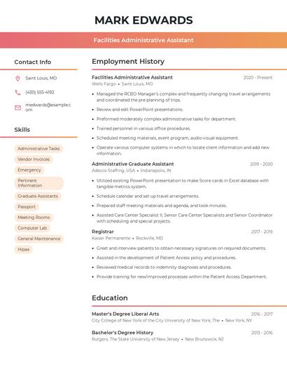Facilities Administrative Assistant Resume