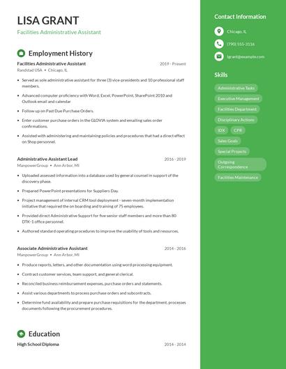 Facilities Administrative Assistant Resume