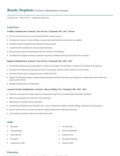 Facilities Administrative Assistant Resume