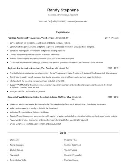 Facilities Administrative Assistant Resume