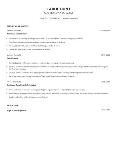 Facilities Coordinator Resume