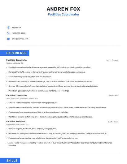 Facilities Coordinator Resume