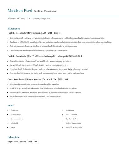 Facilities Coordinator Resume