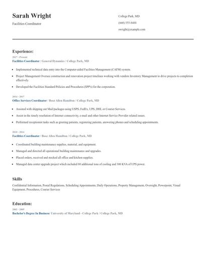 Facilities Coordinator Resume