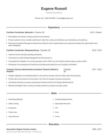 Facilities Coordinator Resume