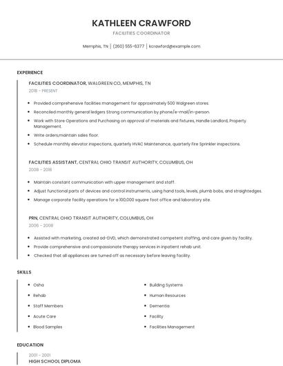 Facilities Coordinator Resume