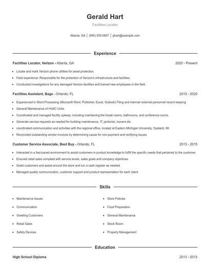 Facilities Locator Resume