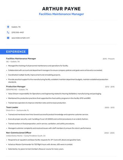 Facilities Maintenance Manager Resume