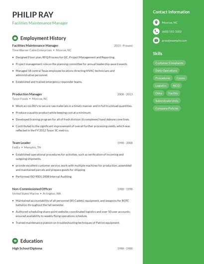 Facilities Maintenance Manager Resume