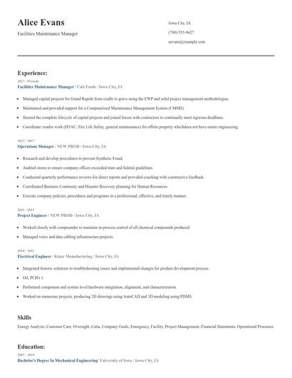 Facilities Maintenance Manager Resume
