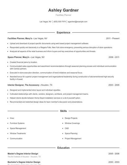 Facilities Planner Resume