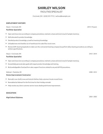 Facilities Specialist Resume