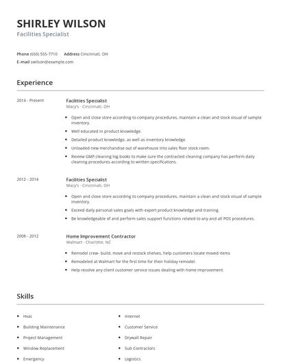 Facilities Specialist Resume