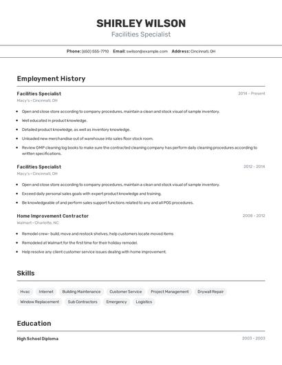 Facilities Specialist Resume