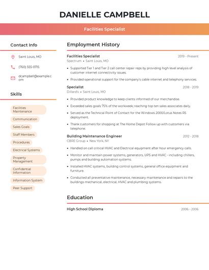 Facilities Specialist Resume