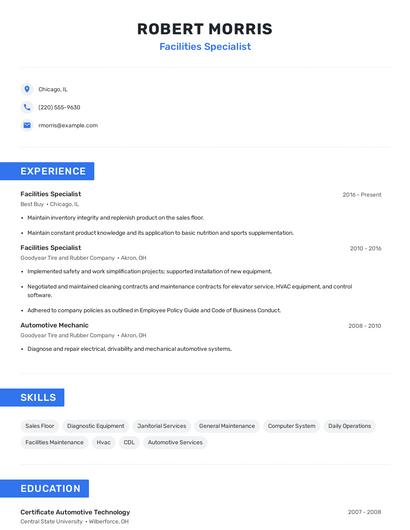 Facilities Specialist Resume