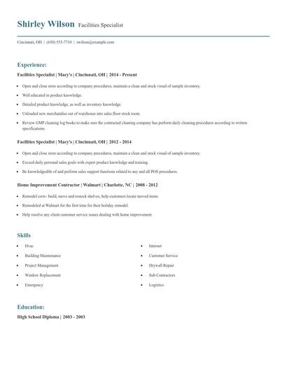 Facilities Specialist Resume